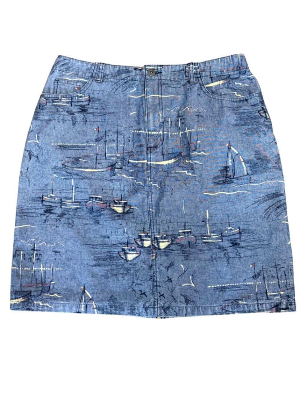Liz Claiborne 100% Cotton Denim Skirt Vintage Nautical Sailboat Print Size 14